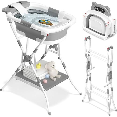 AVIDOR 2-in-1 Baby Bathtub with Stand for Newborn and Infants, Foldable Baby Bath Tub, Baby Shower Gifts for New Parents, Gray