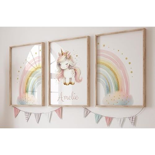 Personalised Rainbow Unicorn Set of 3 Unframed Poster Prints, Personalise Name, Unicorns And Rainbows, Unicorn Theme Room Decor, Girls Bedroom Decor, Girls Bedroom Prints (8x10)