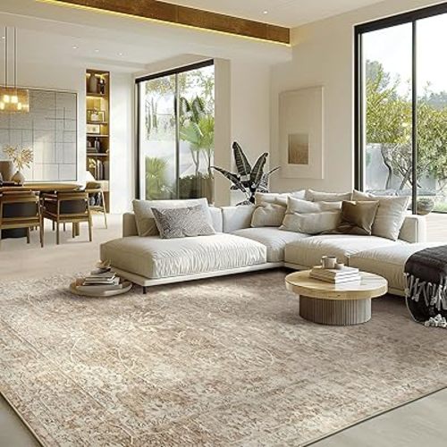 Madane 8x10 Area Rugs for Living Room, Machine Washable Rug with Anti-Slip Backing, Soft Distressed Rugs, Vintage Floral Area Rug for Bedroom (8 x 10, Beige/Brown)