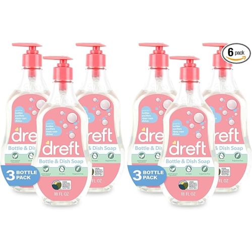 Dreft Bottle and Dish Soap | Made to Clean Baby Bottles,Sippy Cups,Pacifiers,Breast Pumps,& More | Gently Removes Milk Film & Odors-| Plant Based,Fragrance Free Dish Soap-| 18 Fl Oz,(Pack of 6)