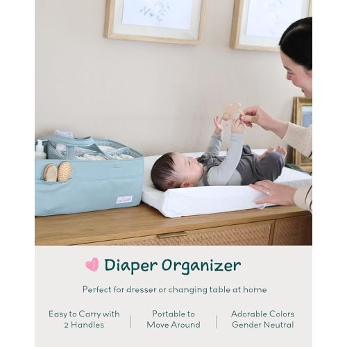 Lily Miles Baby Diaper Caddy Organizer, Wipeable Diaper Organizer Basket with 8 Pockets for Newborn Essentials, Nursery Tote Bag for Changing Table & Car Organization (Willow Green, Large)