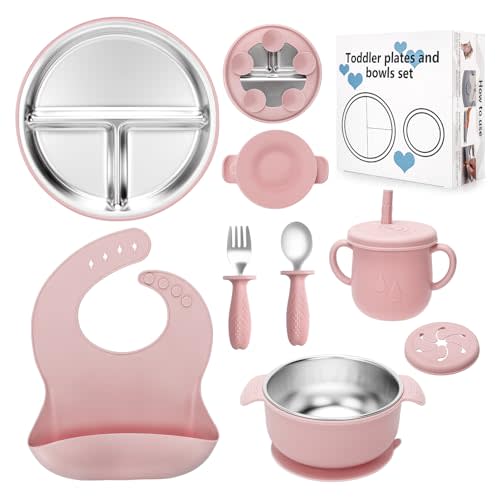 MISSLILI Stainless Steel Kids Plates and Bowls Set with Suction, Divided Baby Plate and Toddler Bowl with Removable Silicone Suction,Stainless Steel Weaning Bundle, Silicone Baby Feeding Set (Pink)