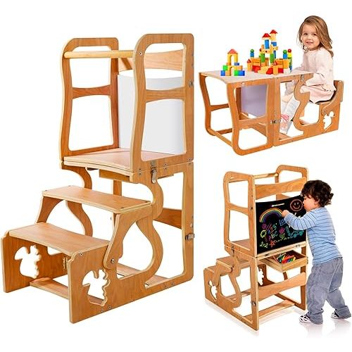 Toddler Tower Kitchen Stool Helper-Montessori Standing with Chalkboard, 3 in 1 Step Stools for Kids Back, Learning Wooden Kitchen, Free Hands, Easy Assembly Playing Toys or Studying