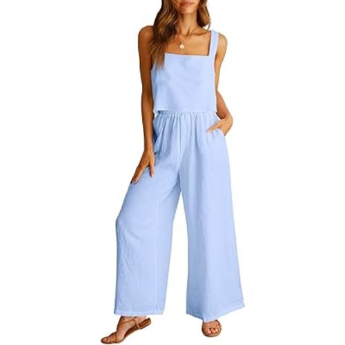 ANRABESS Women's 2 Piece Outfits Linen Pants Jumpsuit Matching Lounge Set Casual Summer Beach Vacation Trendy Clothes