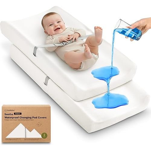 2-Pack Waterproof Changing Pad Covers Boy, Girl – 32x16 Soft Cotton Baby Changing Table Cover, Wipeable Diaper Change Pad Sheets, Contour Baby Diaper Change Mat Liner for Dresser, Nursery (Soft White)