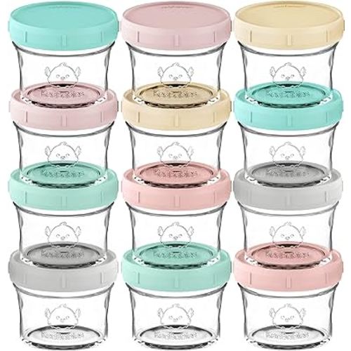 KeaBabies 12pk 4oz Glass Baby Food Containers - Leak-Proof, Microwavable Small Baby Glass Jars with Lids, Baby Food Storage Containers, Baby Snack Containers, BPA-Free Baby Food Jars (Pastels)