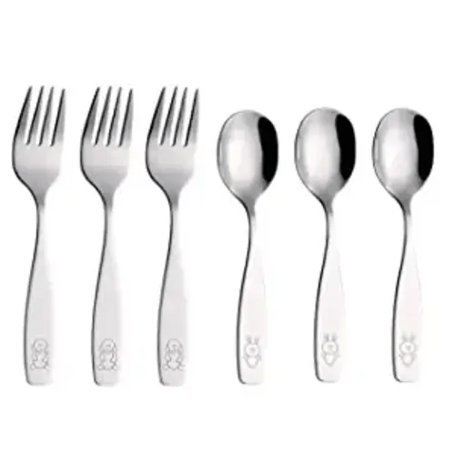 ANNOVA Kids Silverware 6 Pieces Children's Safe Flatware Set Stainless Steel - 3 x Forks, 3 x Children Dinner Spoons, Toddler Utensils, Metal Cutlery Set for LunchBox (Engraved Dog Bunny) - WF850-S6FS