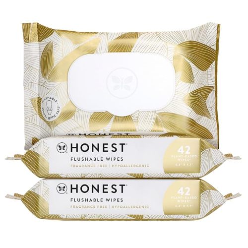 The Honest Company Flushable Wipes for Sensitive Skin | Fragrance Free, Hypoallergenic, 99% Water, Safe to Flush | pH Balanced Feminine Wipes | Gilded Wings, 126 Count