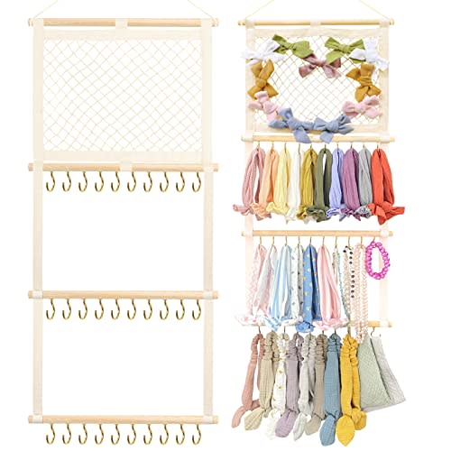 POVETIRE Headband Holder Hair Bows Organizer for Girls, Baby Headbands Hair Accessories Organizer Storage Wall Hanging Decor for Toddler Girls Room (Beige-grid)