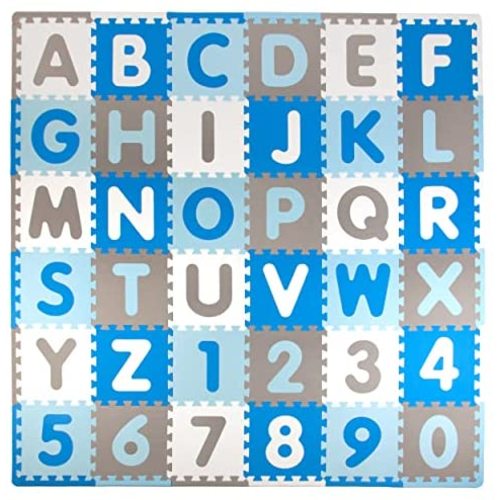 Tadpoles Foam Playmats for Kids, 36 Interlocking Tiles Teach the ABCs and Numbers 0-9, Total Floor Coverage 74” x 74” (36 Sq Ft), For Ages 3 and Up, Colors: Blue/Grey