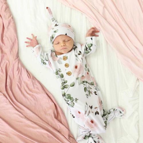 Millies Dusty Rose Garden Newborn Baby Knot Gown & Hat Set