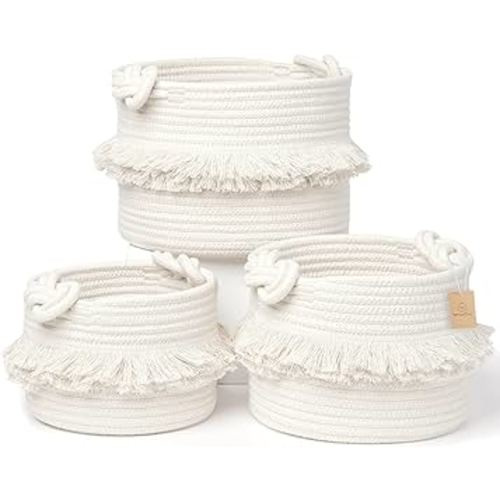 NaturalCozy 3-Piece Decorative Storage Basket Set – Cotton Rope Woven Baskets for Organizing! Small Basket for Nursery Baby Stuff, Gift Basket, Montessori, Cat/Dog Toy Bin, Bathroom Shelves