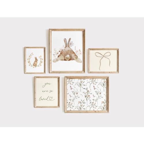 Timeless Nursery Gallery Wall | Vintage Wildflower Bunny Kids Room Decor | Rustic Playroom Prints | Set of 5 | Farmhouse Woodland Art