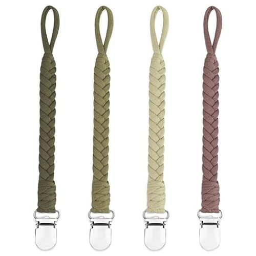 4 Pcs Pacifier Clip, Pacifier Clips for Boys & Baby Girls Pacifier Holder Clip Binky Clips Braided 100% Handmade Fits All Pacifiers(Green, 4 Pack)