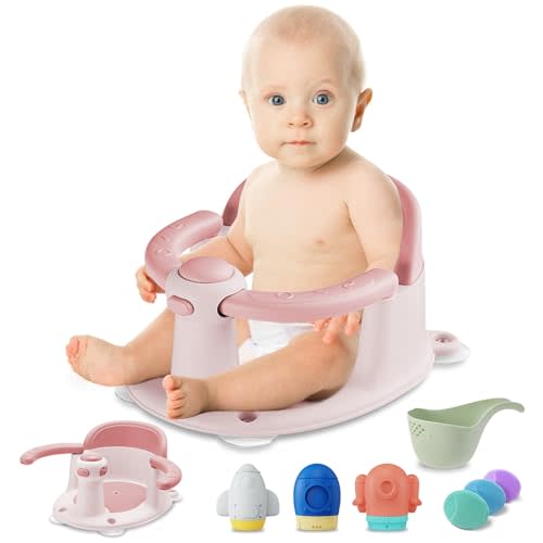 TOSGN Baby Bath Seat, Infant Bathtub Seats for Babies Sitting Up Aged 6-24 Months, 3 Baby Bath Brushes/ 3 Baby Bath Toys/Baby Bath Rinse Cup Included, Pink