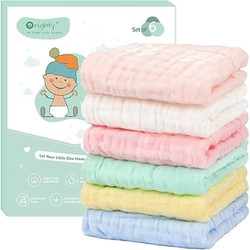 Orighty Muslin Baby Washcloths Pack of 6 - Soft Face Cloths for Newborn, Absorbent Baby Bath and Face Towels, 100% Cotton Babies Wipes, Burp Cloths, Feeding Towels for Babies and Infants - 10 x 10’’