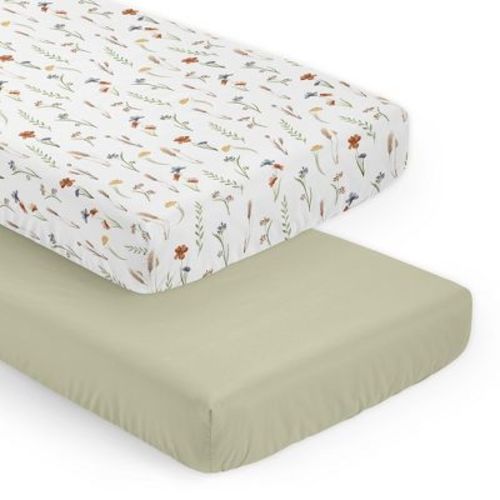 Sweet Jojo Designs Girl Fitted Crib Sheets Set Watercolor Floral Garden Green Orange and Beige 2pc