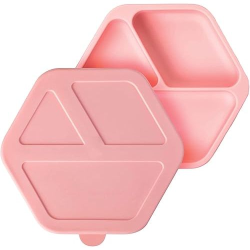 Tiny Twinkle Silicone Suction Baby Plate, Suction Grip Divided Dish for First Foods and Self-Feeding Toddlers, Baby Led Weaning Supplies for Independent Eating (Rose Plate with Lid)