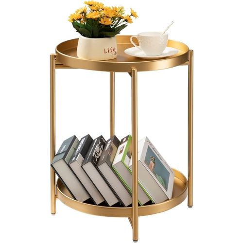 TeoKJ 2 Tier Gold Side Table, Folding Round Metal End Table Small Nightstand with Two Removable Tray for Living Room,Nursery, Small Spaces Bedside Gold