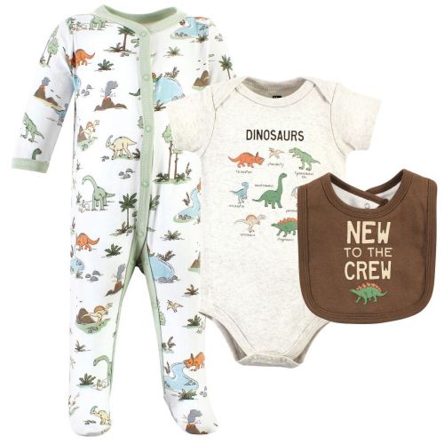 Hudson Baby Infant Boy Cotton Sleep and Play, Bodysuit and Bandana Bib Set, Dinosaur Adventures, Newborn