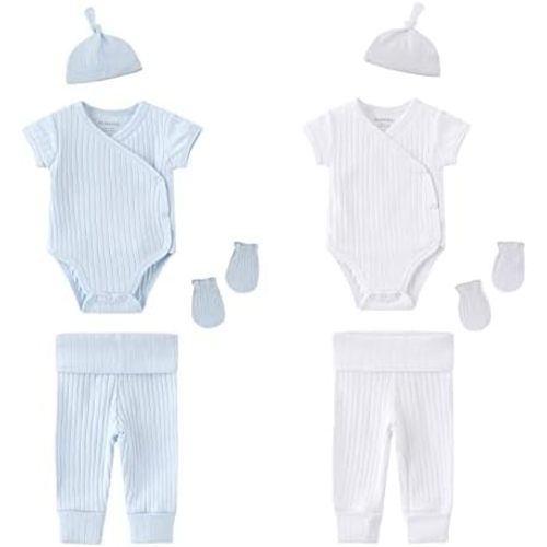 Newborn Infant Baby Boy Girl 100% Cotton Bodysuits Short Sleeve, Pants,Caps and Scratch Mittens Solid Color