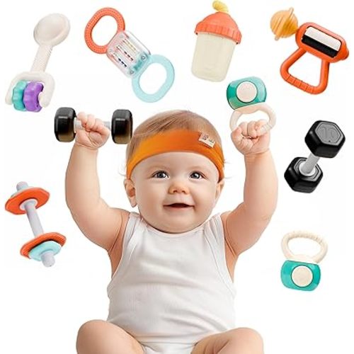 iPlay, iLearn Baby First Gym Rattle Set, Infant Weights Teething Rattles 3-6-12 Month, Newborn Sensory Stroller Toy, Babies Stocking Stuffer Birthday Shower Gift 5 7 8 9 10 Month Toddler Boy Girl-7PCS
