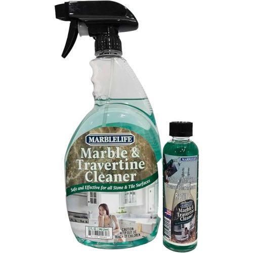 Marble & Travertine Cleaner Kit, Ready-to-Use 32 oz Spray Cleaner + 4 oz Concentrate Refill, Powerful Stone Safe Marble Cleaner & Degreaser, Effective Natural Stone Cleaner