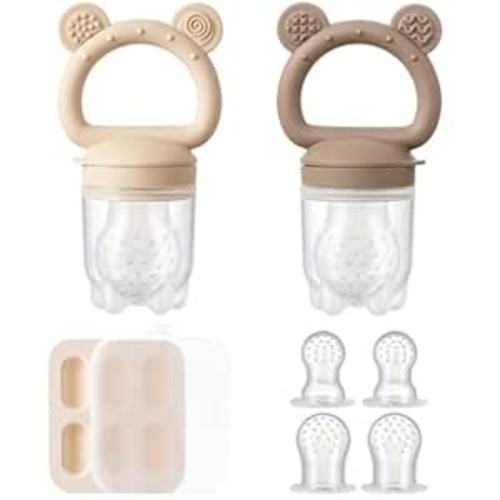 2 Pack Silicone Baby Fruit Feeder with Mini Freezer Tray, Breastmilk Popsicle Molds for Baby Teething Relief, Teethers, Fresh Food Feeder for Safe Infant Self Feeding, Extra Food Pouches - Chocolate