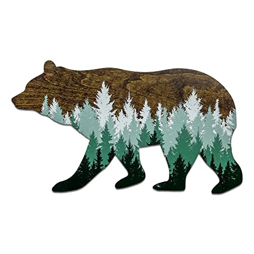 Forest Bear Wall Sign, Adventure Woodland Theme, Rustic Nursery Decor, Man Cave Home Bedroom Cabin Office House Art Decorations, Hickory Hollow Designs… (Dark Walnut/Green Pine Trees)