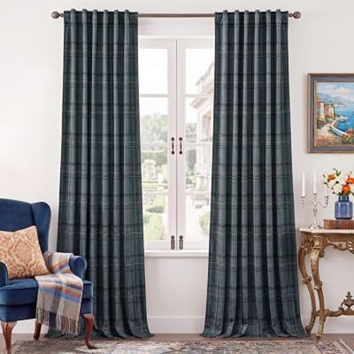 StangH Dusty Blue Plaid Velvet Curtains for Dining Room, W52xL96, 2 Panels