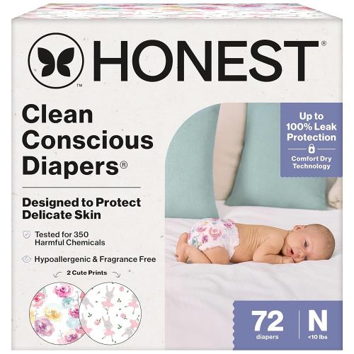The Honest Company Clean Conscious Diapers for Sensitive Skin | Up to 100% Leakproof | Hypoallergenic, Fragrance Free | Girl Prints | Club Box, Size Newborn, 72 Count (Prints May Vary)