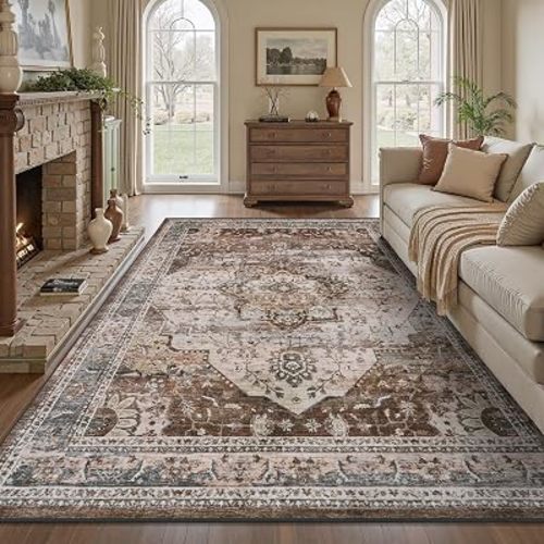 8x10 Area Rugs for Living Room Rug Brown Bedroom Rug Carpet Washable Neutral Vintage Dining Room Rugs for Under Table Soft Comfortable Non Slip