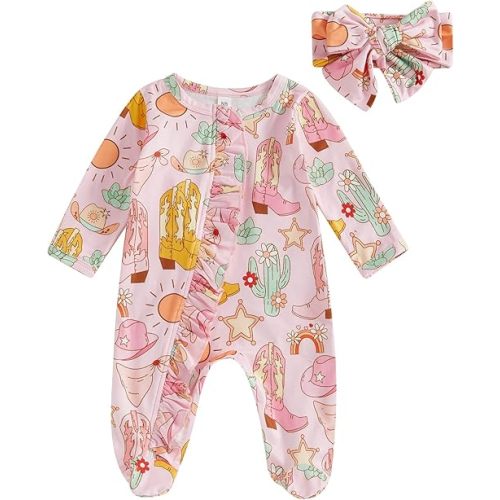 Newborn Baby Girl Western Clothes Cowgirl Boots Footie Romper Ruffle Long Sleeve Zipper Jumpsuit Coming Home Outfit