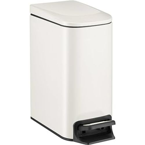 Slim Bathroom Trash Can with Lid Soft Close, 6 Liter / 1.6 Gallon Stainless Steel Garbage with Removable Inner Bucket, Small Trash Bins for Bedroom, Office (Cream)