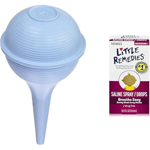 Baby Nasal Aspirator Ear Syringe Bundle with Little Remedies Saline Spray and Drops for Stuffy Noses