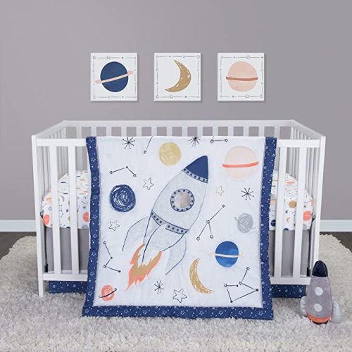 Sammy & Lou Cosmic Rocket 4-Piece Baby Nursery Crib Bedding Set for Boys, Includes Quilt, Fitted Crib Sheet, Crib Skirt, and Plush Toy