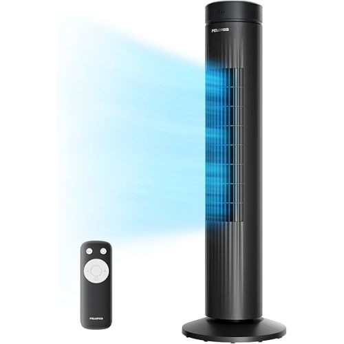 Pelonis 30 Inch Bladeless Tower Fan for Bedroom, Oscillating Fan with 3 Speed, 37dB, Remote Control, 7-Hour Timer, Fan that Blows Cold Air, Black