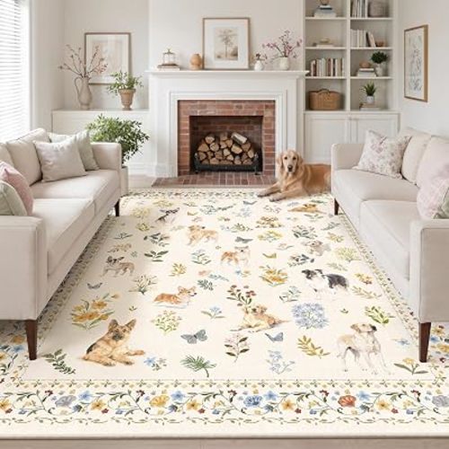Soalmost Dog 8x10 Area Rugs for Living Room, Washable Animal Soft Rug Beige