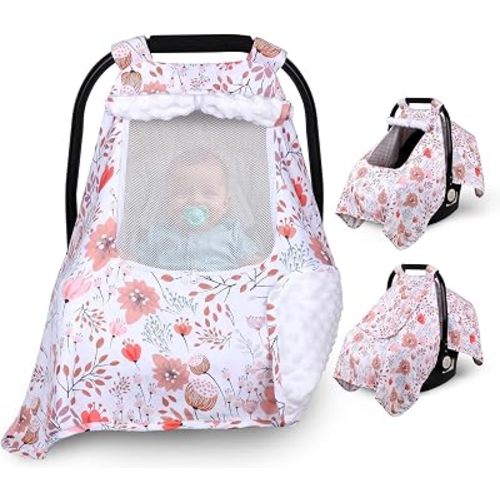 Floral Car Seat Cover Baby Girl, Mesh Window Infant Carseat Canopy