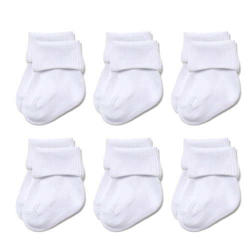 Epeius Unisex-Baby Infant Seamless Turn Cuff Socks White Cotton Rich Booties 6 Pair Pack,3-12 Months