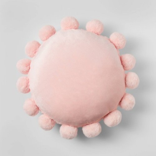 Round Plush Pillow With Pom-poms Pink - Pillowfort™