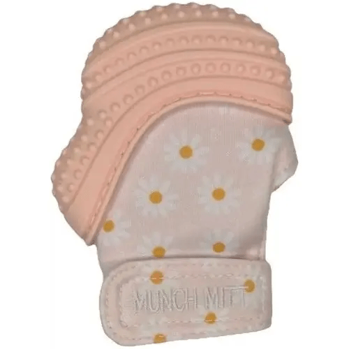 Malarkey Kids Baby Teething Mitten, Munch Mitt Baby Chew Toy - Protects Hands from Chewing & Saliva, Heals Aching Gums, Promotes Sound & Visual Stimulation for Babies Up to 1-Year-Old (Pink Daisies)