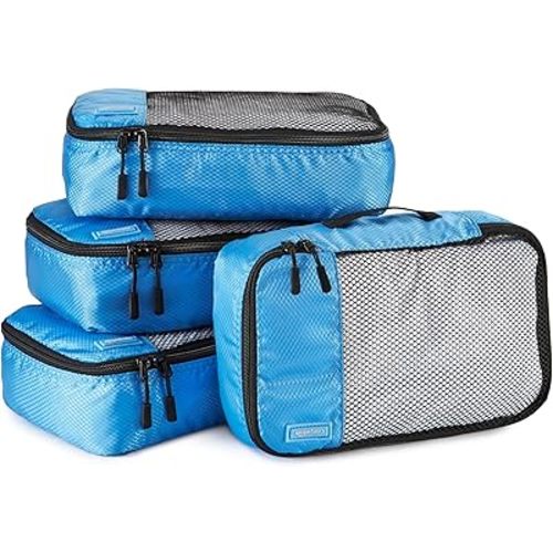 Amazon Basics Small Packing Cubes for Travel, Packing Organizers, 4-Piece-Set With Double Zipper Pulls and Mesh Top Panel, 100% Durable Polyester, Sky Blue, 11"L x 6.8"W x 3"H