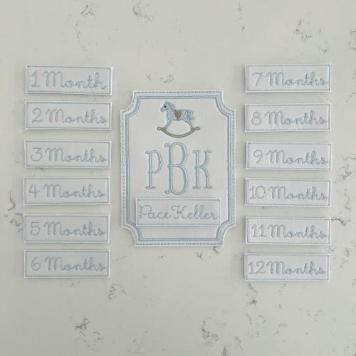 Custom Embroidered Baby Milestone Monthly Cards, Rocking Horse Embroidered Milestone Cards