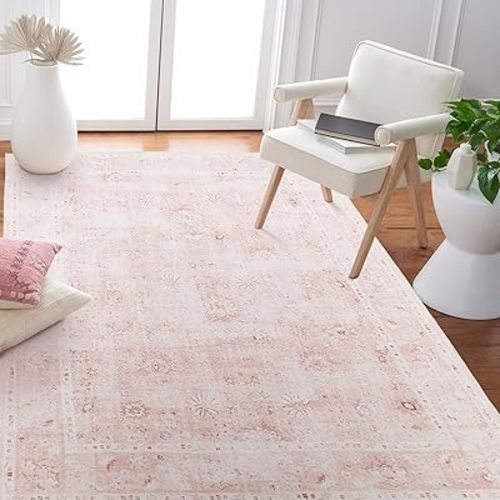 Area Rug 4x6 Pink Printed Door Mat for Indoor Entryway,Machine Washable Non Slip Blush Floral Aesthetic Soft Faux Wool Carpet for Living Room Nursery Room Dorm Kids Playroom Home Office