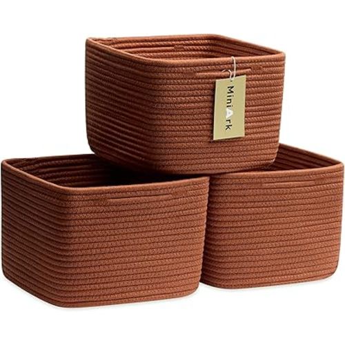 MiniArk Small Organizing Baskets for Cubes Shelf, 9.7x9.7x7.1 Inch Rope Woven Storage Bins for Nursery Shelves Storage, Cute Toy Basket, Square 3 Packs Oxide Red