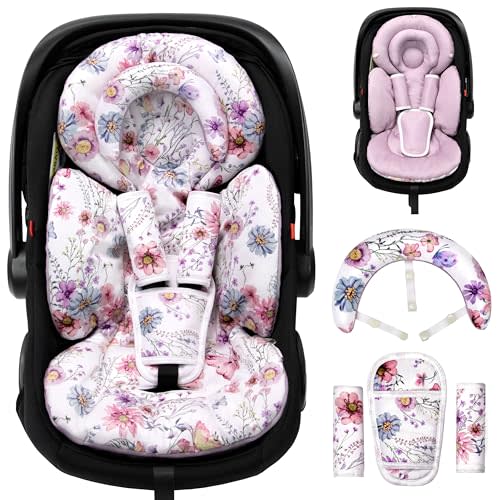 TinlyFinly Infant Car Seat Insert with Extra Cushion for Preemie to Toddler, Reversible Newborn Carseat Insert for Baby Head Body Support, Fits for Stroller, Baby Swing, Bouncer (Purple Wildflower)
