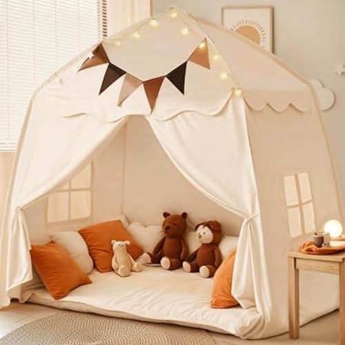 Little Dove Extra Large Kids Play Tent with Flags & Star Lights, Portable & Foldable Teepee Tents, Dome Tent Playhouse for Indoor & Outdoor Use, Kids Tent for Boys & Girls, 59x39x59 in, Cream