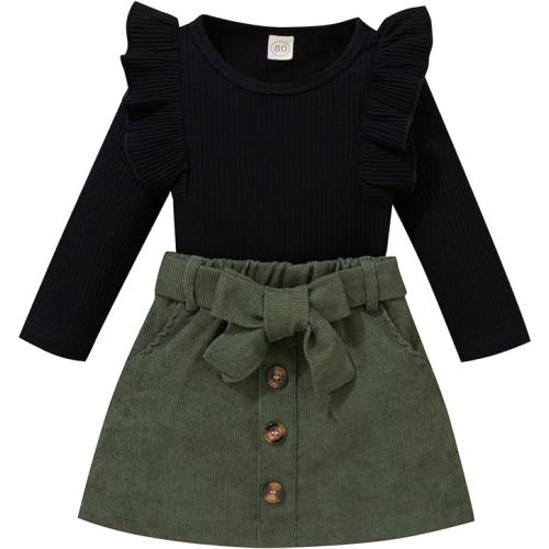 fhutpw Baby Toddler Girl Outfits Fall Winter Clothes Turtleneck Knitted Cotton Long Sleeves Tops & Button Mini Skirts Set - B Black&green - 6-12 Months