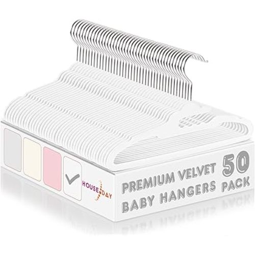 HOUSE DAY Premium Baby Velvet Hangers 50 Pack for Kids, Non Slip Baby Clothes Hangers for Closet, 11 Inch Children's Hanger Space Saving on Baby Organization, White